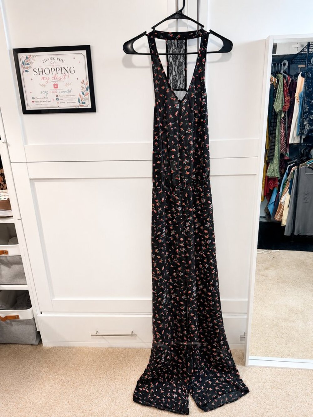 Women's Black Floral Wide Leg Jumpsuit | Lace Racerback | Tie Waist | Size Large